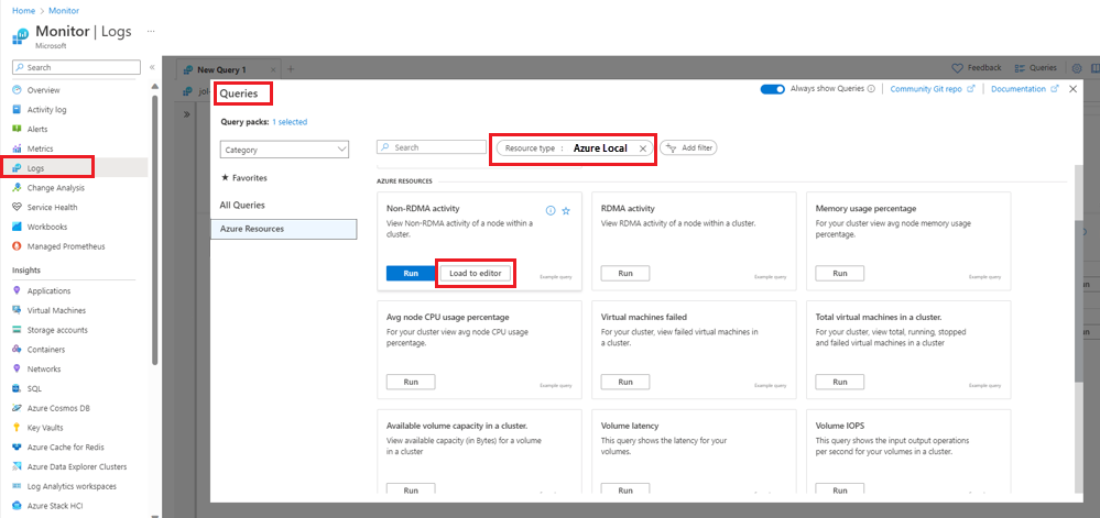 Azure Monitor ログ領域とサンプル クエリにアクセスする方法のスクリーンショット。