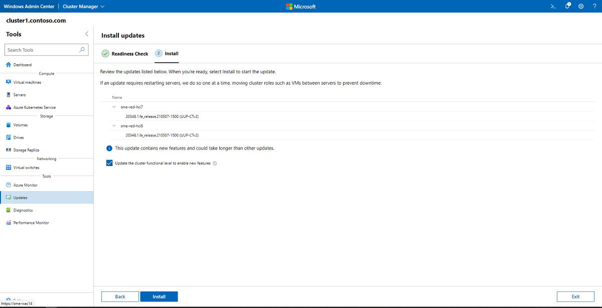 Windows Admin Center を使用してインストールする更新プログラムのスクリーンショット。