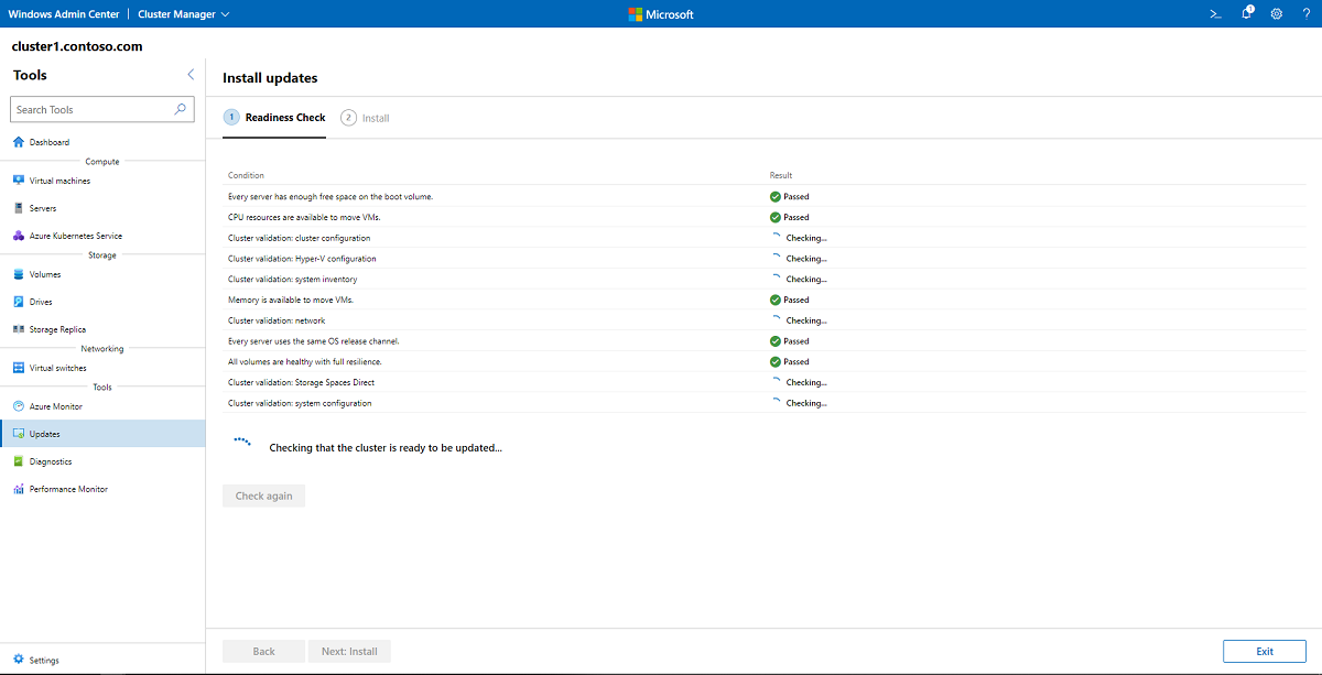 Windows Admin Center に更新プログラムをインストールする前の準備チェックのスクリーンショット。