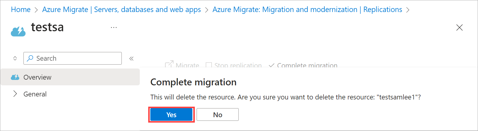 Azure portal で移行を完了するための確認のスクリーンショット。