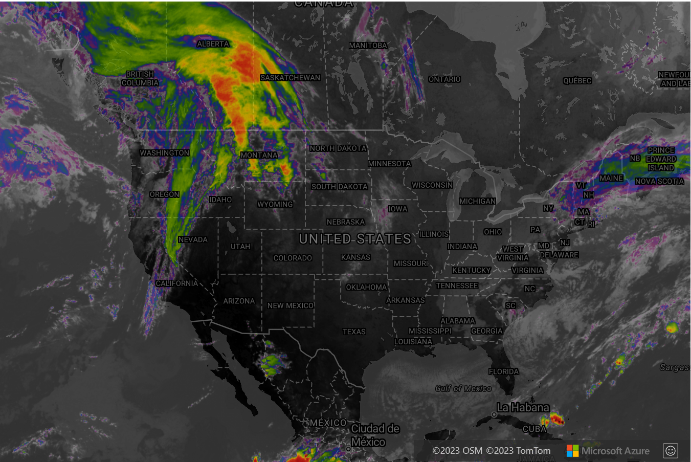 Example of map with real-time weather radar tiles.