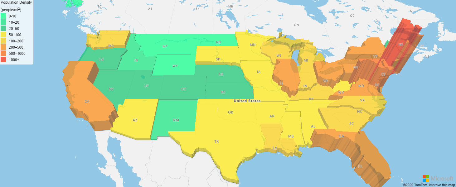 Azure Maps Web SDK を使用して作成された人口変動のマップの例