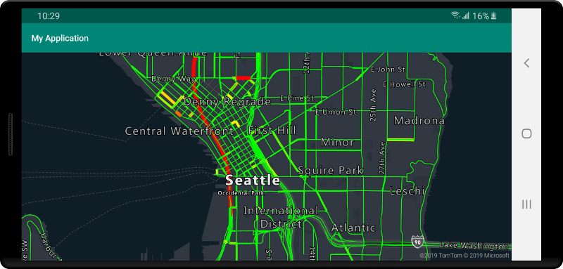 交通流のレベルを示す色分けされた道路を表示しているマップ