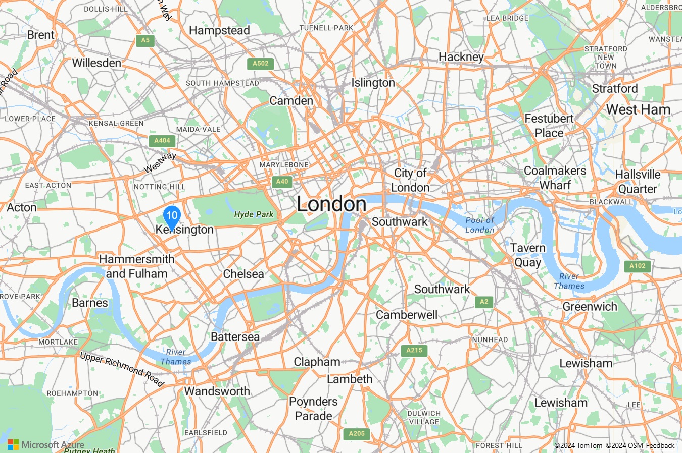 10 という数字が付いた青いプッシュピンが刺さった Azure Maps マップを示すスクリーンショット。