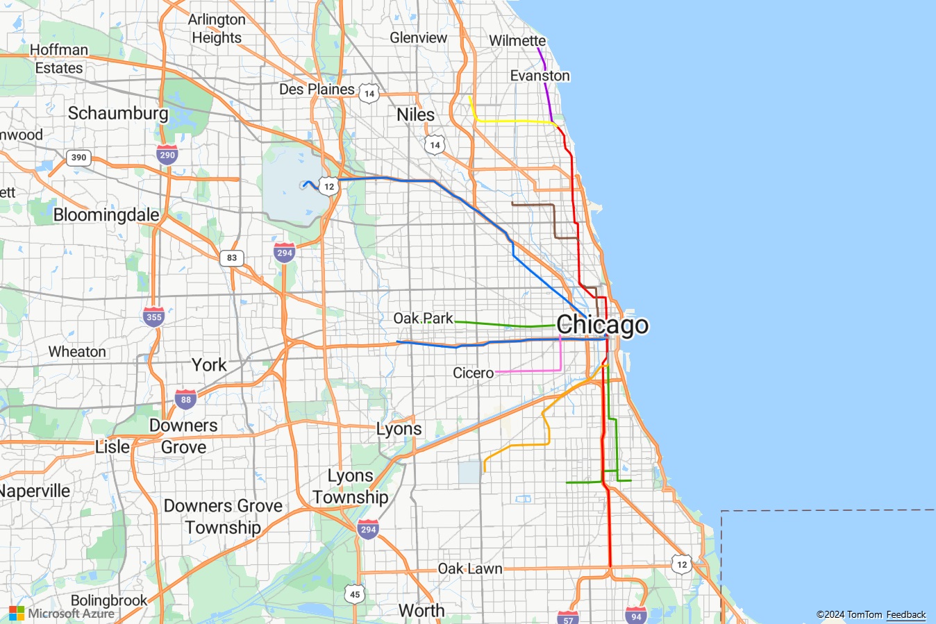 港から出て行く鉄道の線に対してさまざまな色が付いているシカゴの Azure Maps ビューを示すスクリーンショット。