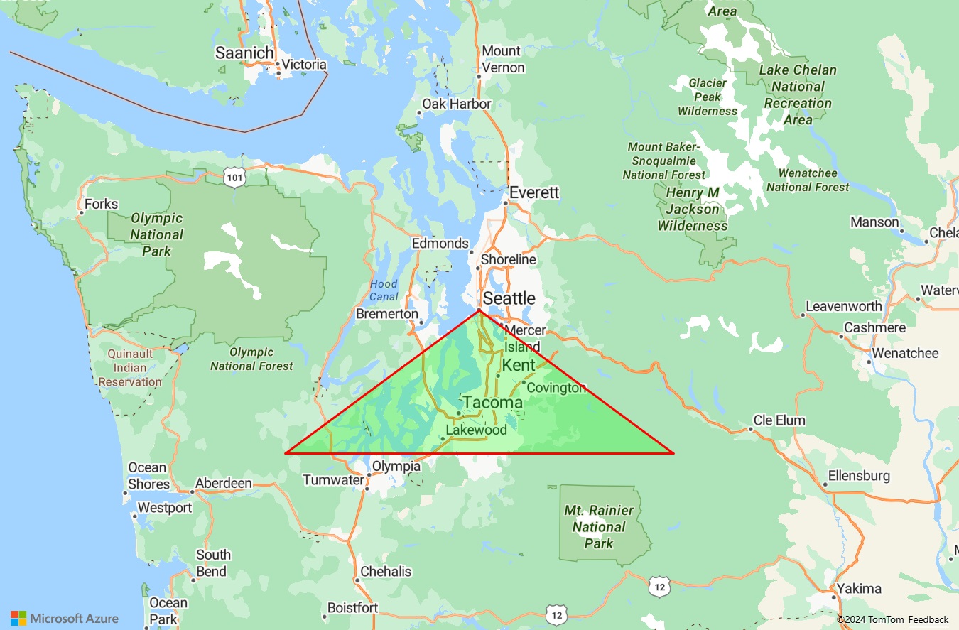 半透明の緑色で塗りつぶされた赤い三角形が描かれた Azure Maps マップを示すスクリーンショット。
