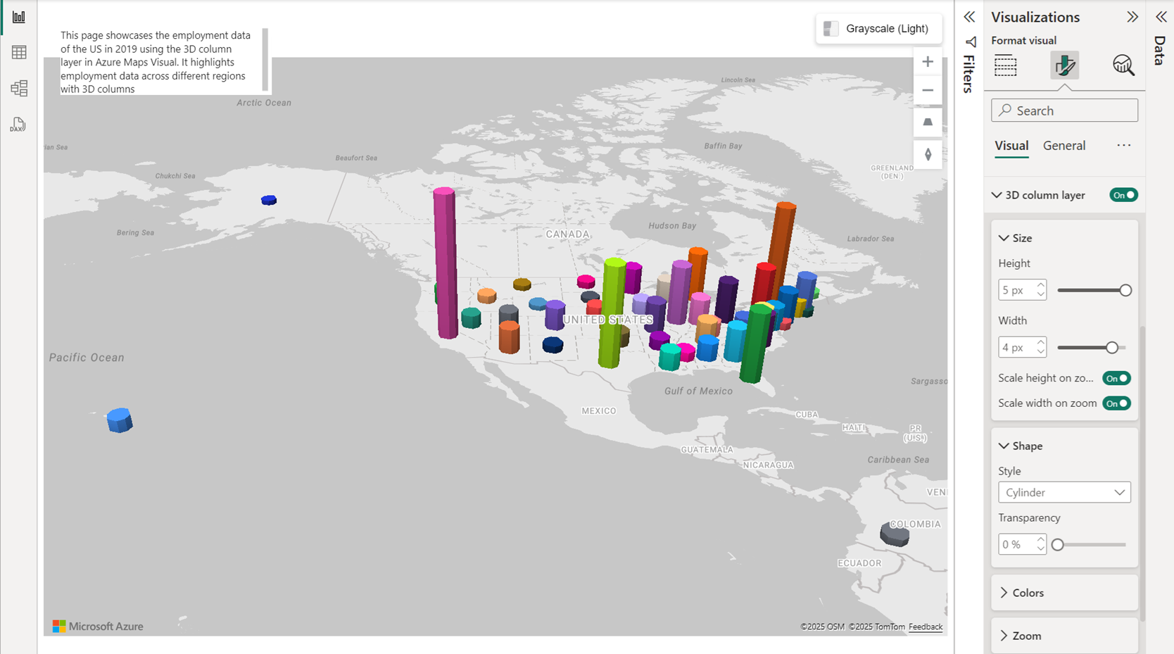 3D 列レイヤーを使用してポイント データを表示しているマップ。