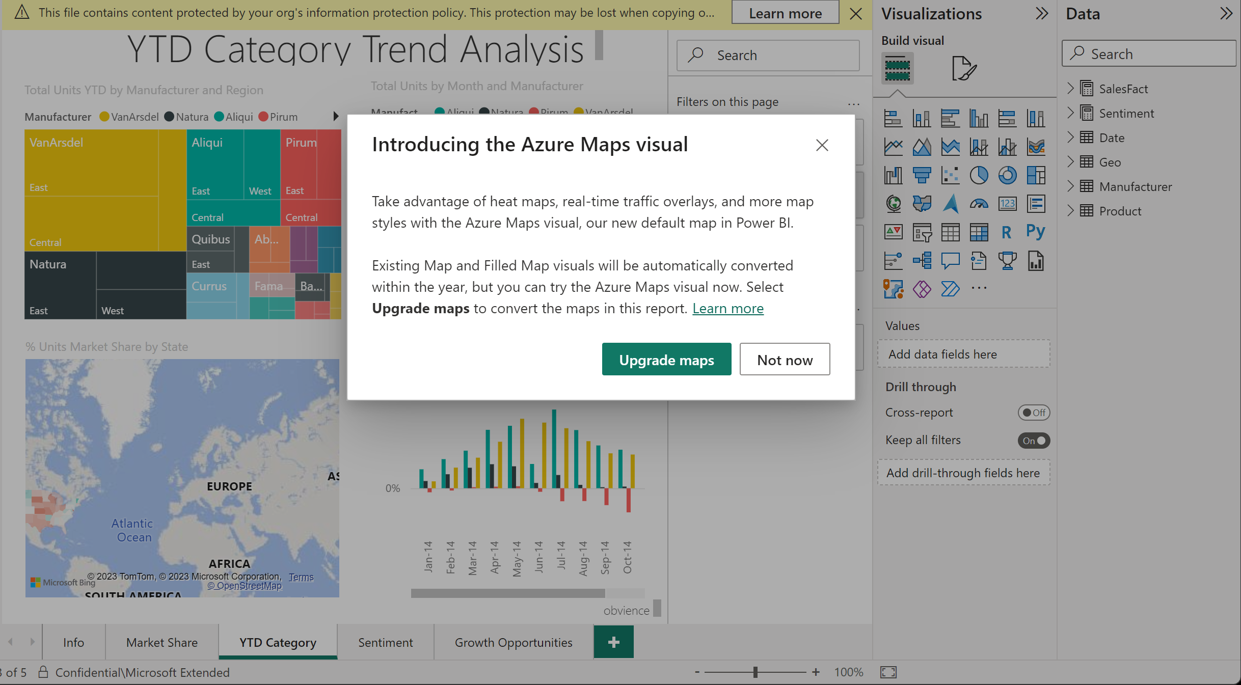 地図を Azure Maps 視覚エフェクトにアップグレードするオプションを示すスクリーンショット。
