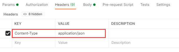 A screenshot of Postman showing the Header tab of the POST request that shows the Content Type Key with a value of application forward slash json.