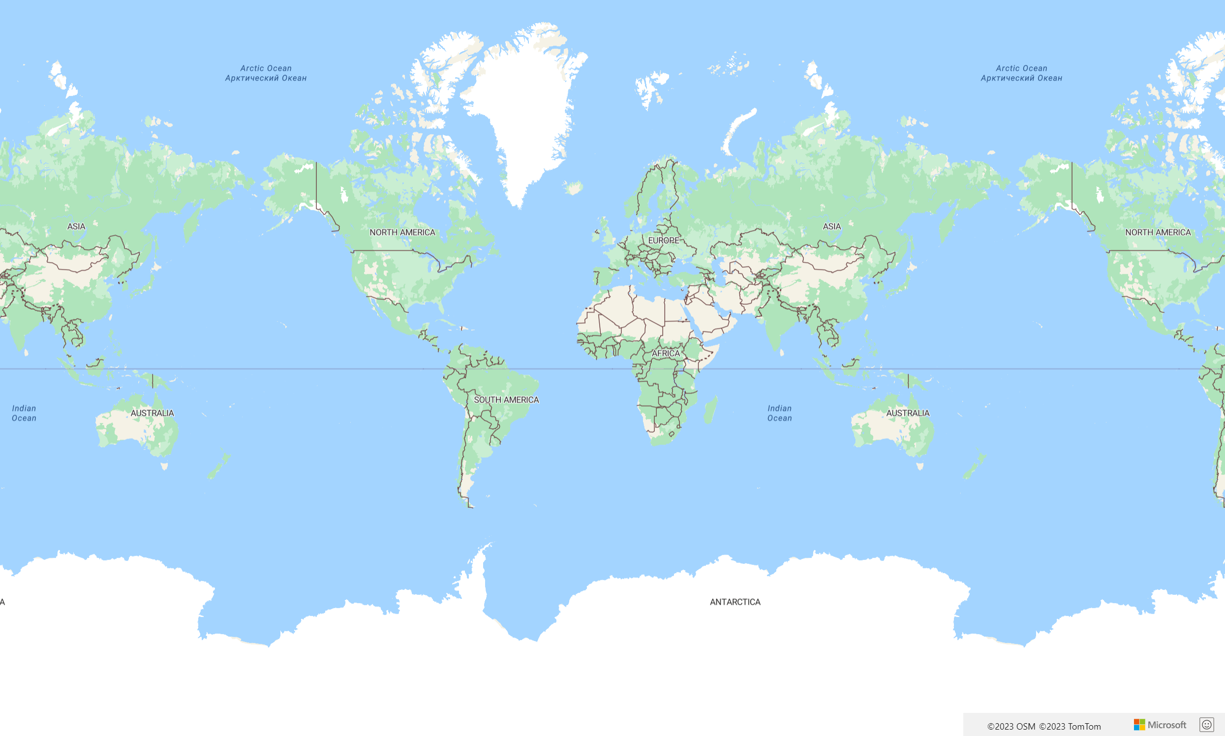 Azure Maps サブスクリプション キーを使用して atlas Map API を呼び出すことによって作成できる最も基本的な地図を示すスクリーンショット。