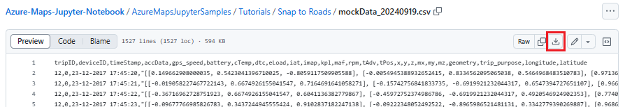 GitHub リポジトリから mockData_20240919.csv という名前のデータ ファイルをダウンロードする方法を示すスクリーンショット。