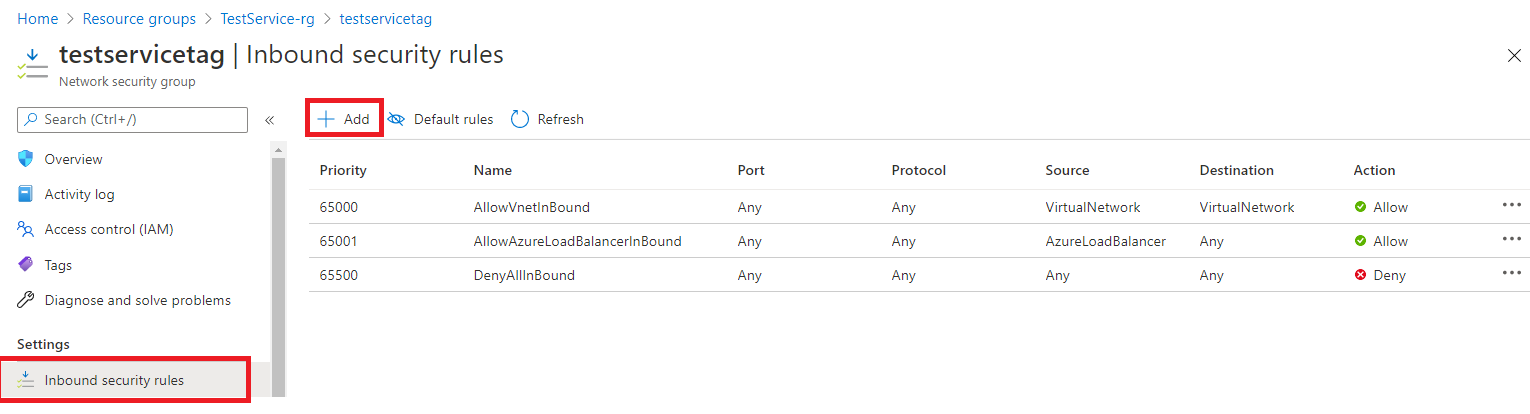 Screenshot that shows how to add inbound security rules.