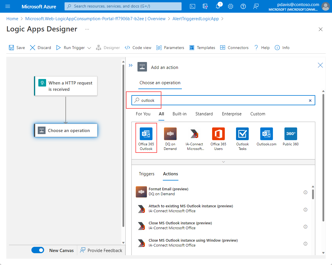 Logic Apps デザイナーの [アクションの追加] ページを示すスクリーンショット。Office 365 Outlook が選択されています。