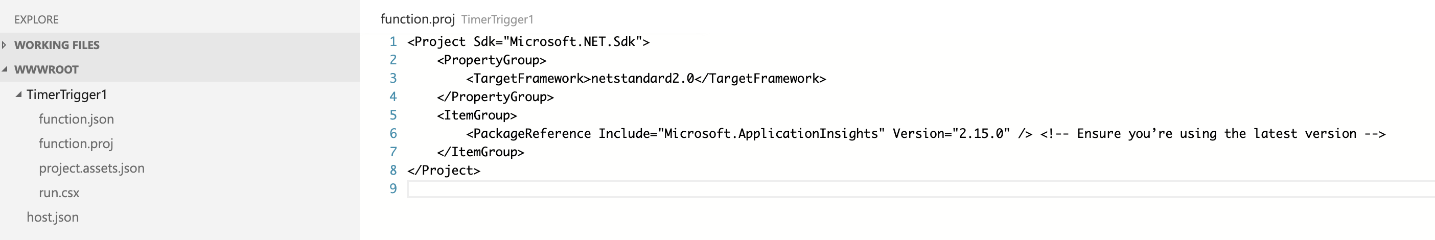 App Service Editor の function.proj を示すスクリーンショット。