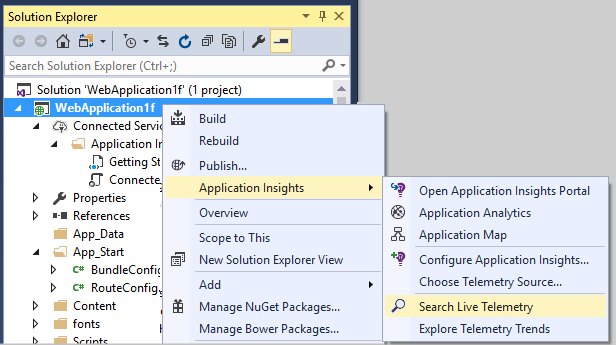 Visual Studio で Application Insights の検索が開いているのを示すスクリーンショット。