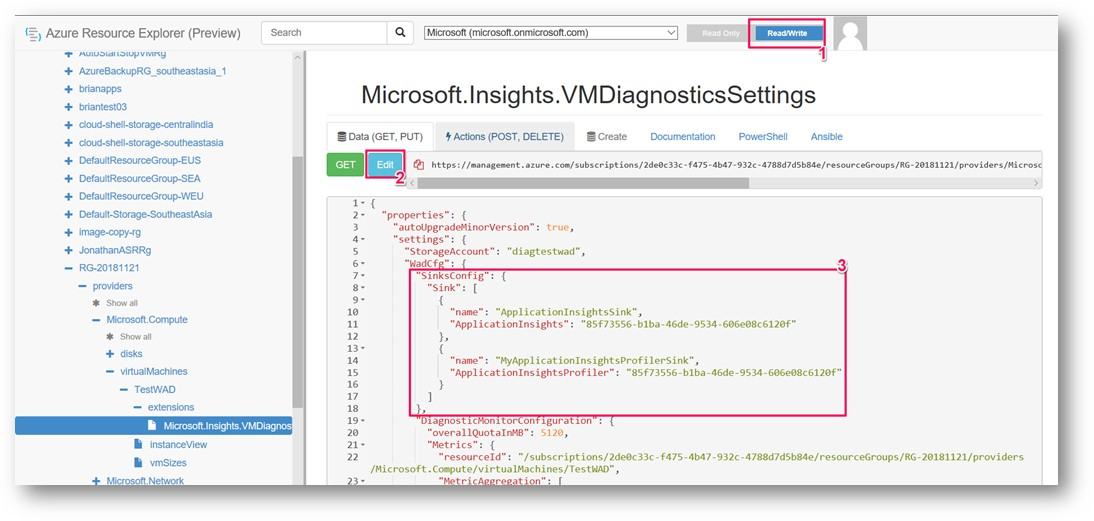 Application Insights Profiler シンクの追加を示すスクリーンショット。