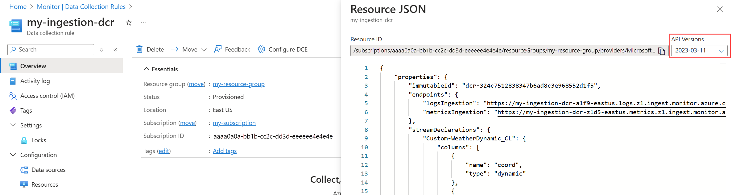 Azure portal での DCR の JSON を示すスクリーンショット。