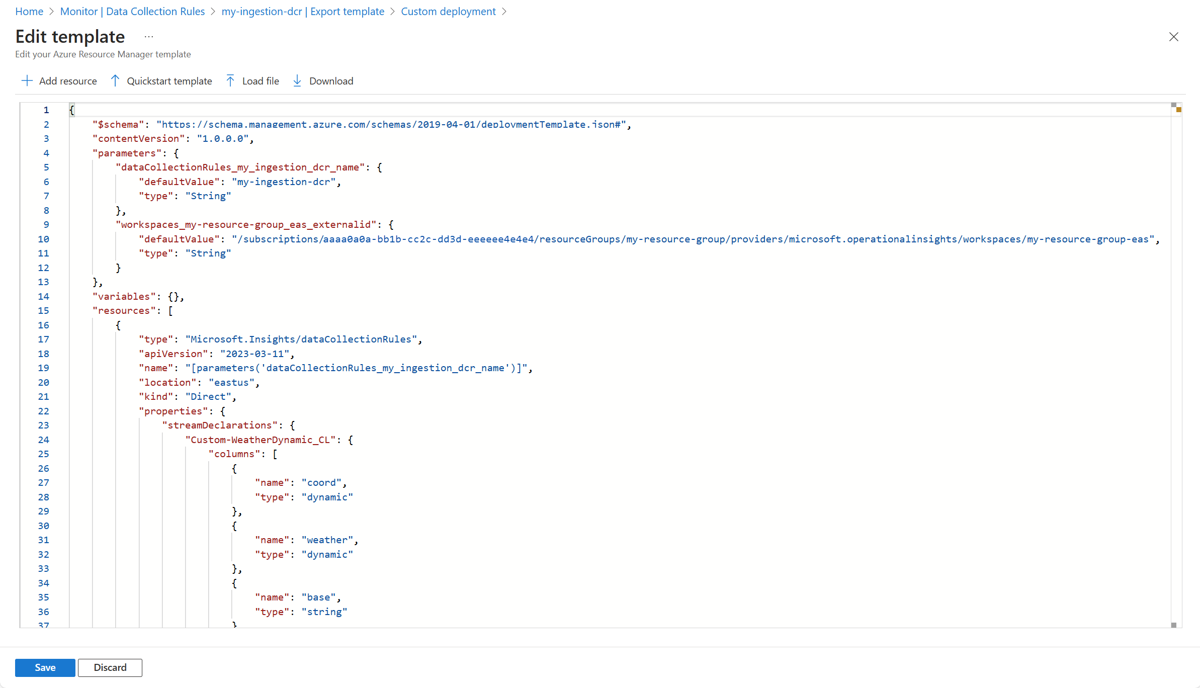 Azure portal でのデータ収集ルールの編集可能な JSON を示すスクリーンショット。