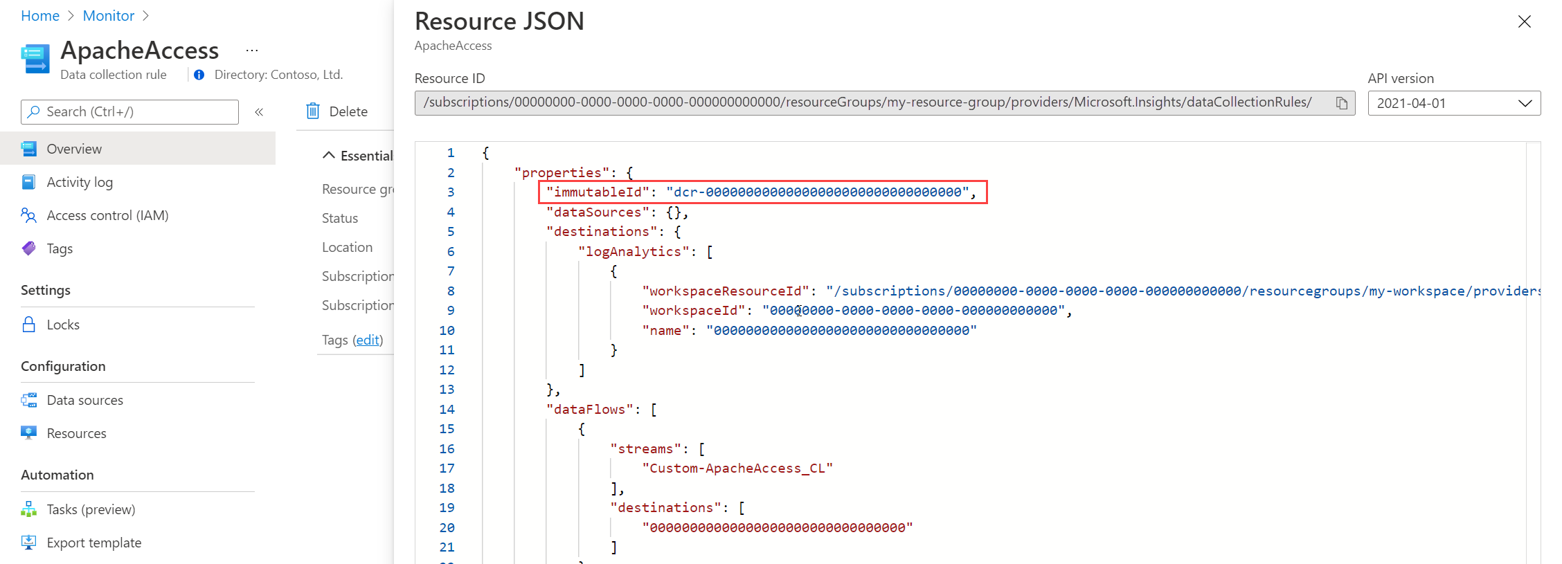 JSON ビューからの変更できない ID の収集を示すスクリーンショット。