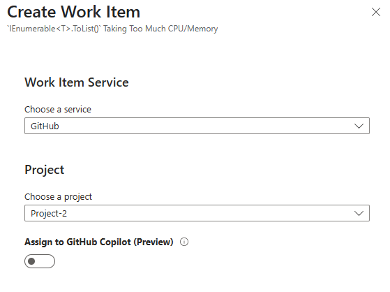 オフになっている [GitHub に割り当てる] Copilot オプションのスクリーンショット。