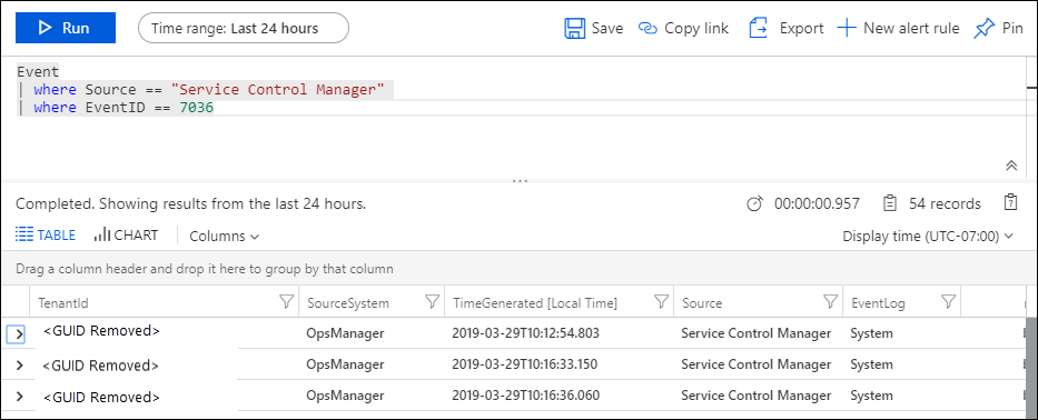 Screenshot showing a query for an event source and ID.