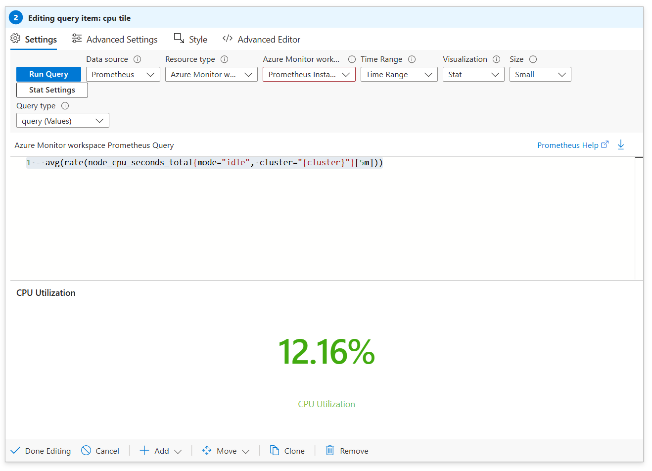 Workbooks の統計視覚化により、CPU 使用率を示すスクリーンショット。