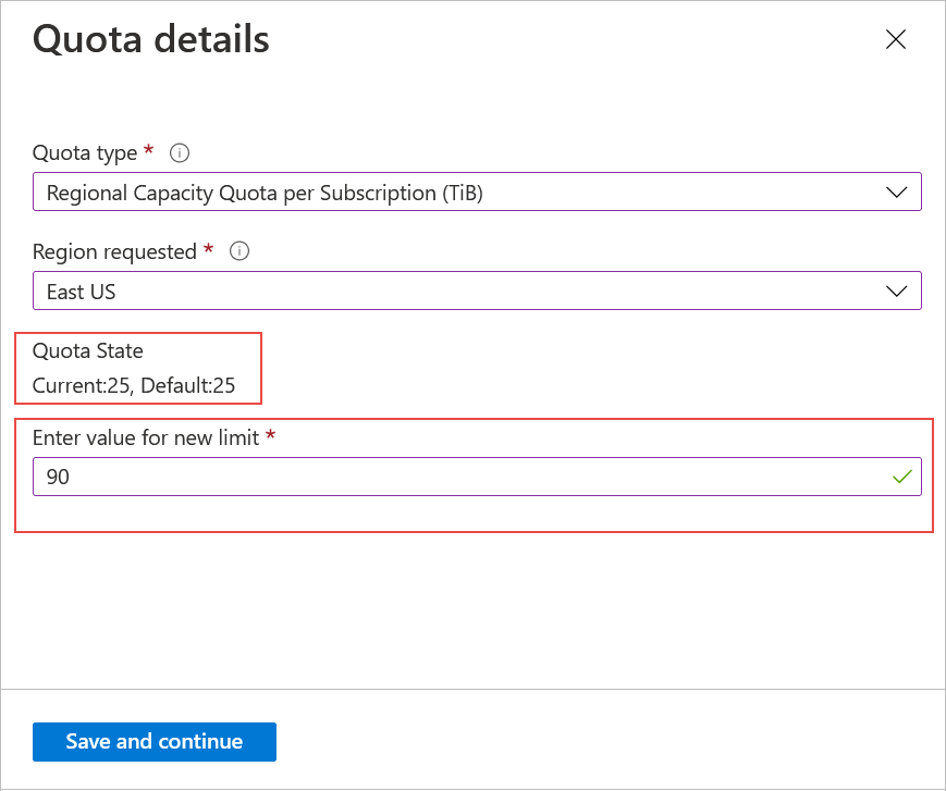 Screenshot that shows how to display and request increase for regional quota.