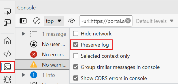 Screenshot that highlights the Preserve log option on the Console tab in Edge.