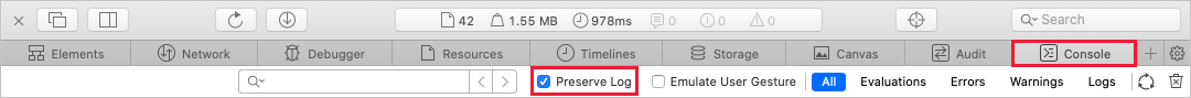 [コンソール] タブの [Preserve Log]\(ログの保存\) を示すスクリーンショット。