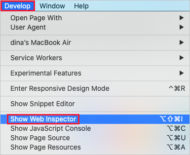 [Show Web Inspector] (Web Inspector を表示) コマンドのスクリーンショット。