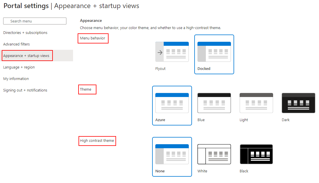 [Appearance + startup views]\(外観 + スタートアップ表示\) の [外観] セクションを表示するスクリーンショット。