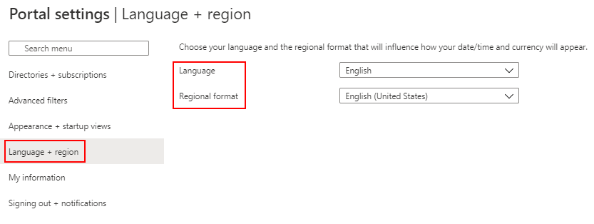 [Language + region]\(言語 + 地域\) の設定ページを示すスクリーンショット。