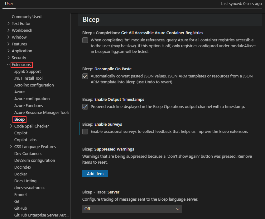 Screenshot of configuring Bicep extension settings.