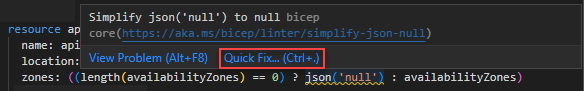 JSON null を簡略化するクイック修正のスクリーンショット。