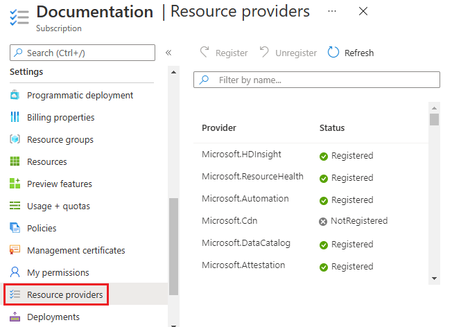 サブスクリプションの設定を表示する Microsoft Azure portal のスクリーンショットで、 'リソースプロバイダー' オプションが強調表示されています。