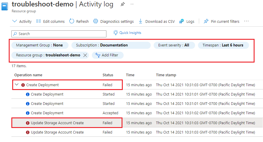 Azure portal のリソース グループ アクティビティ ログのスクリーンショット (エラー ログを含む失敗したデプロイが強調されています)。