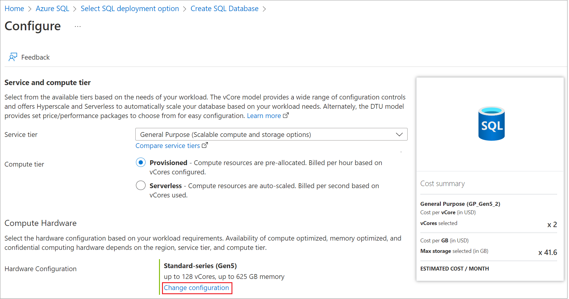 Azure portal のデータベースを構成するハードウェア構成のスクリーンショット。