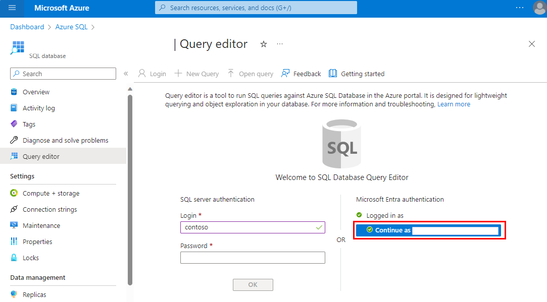 Screenshot showing sign-in to the Azure portal Query editor with Microsoft Entra authentication.