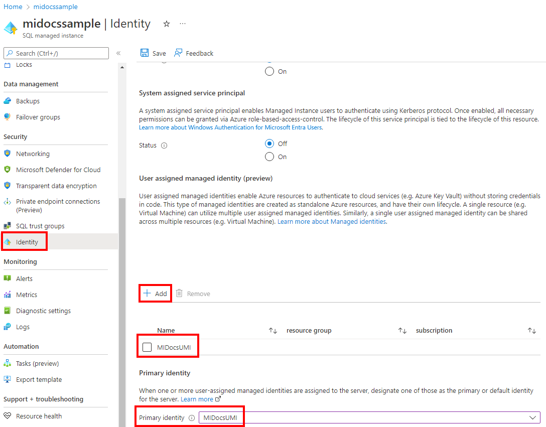 Azure portal screenshot of selecting a user-assigned managed identity when configuring an existing server identity.