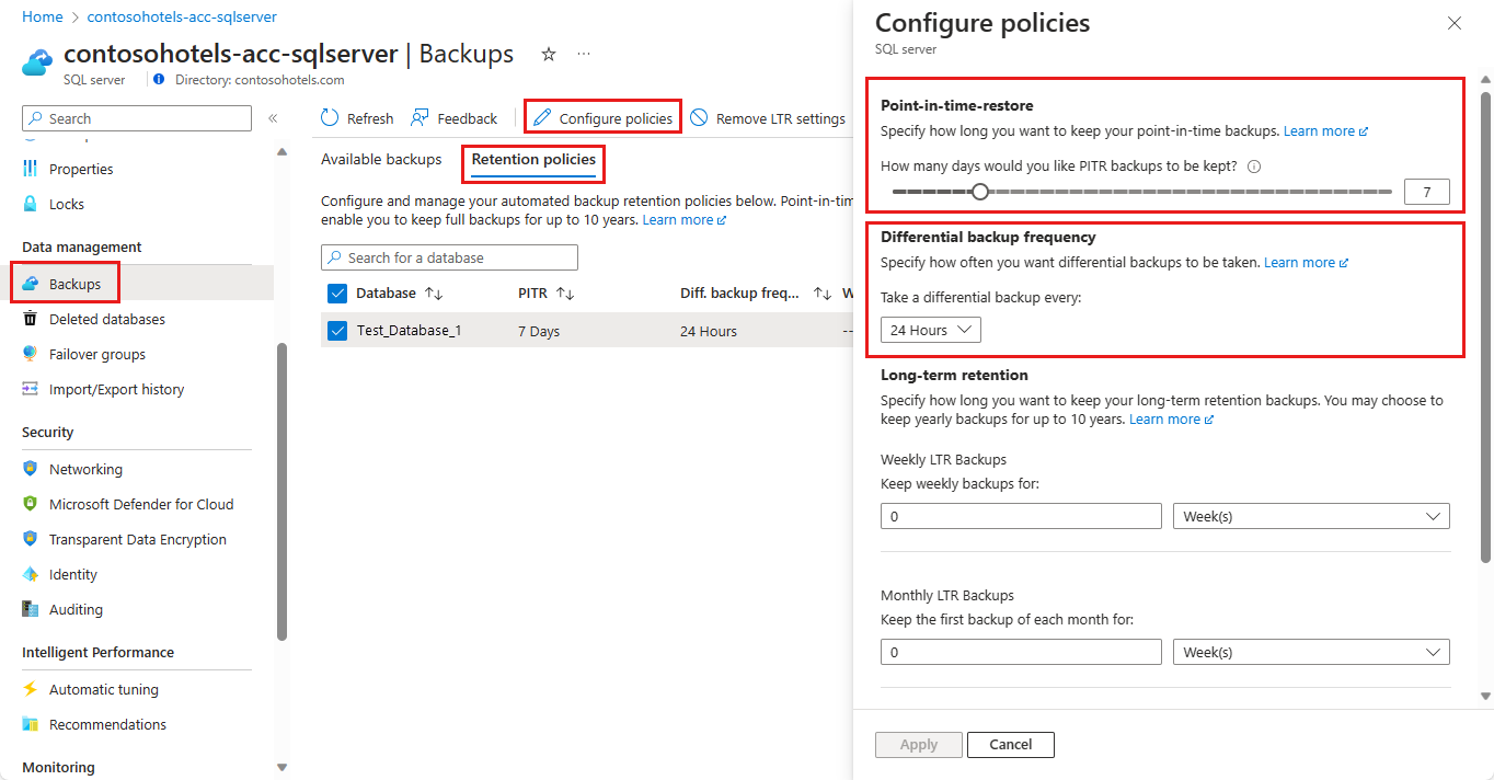 Azure portal のスクリーンショット。ここでは、PITR 保有の設定をサーバー レベルで変更できます。