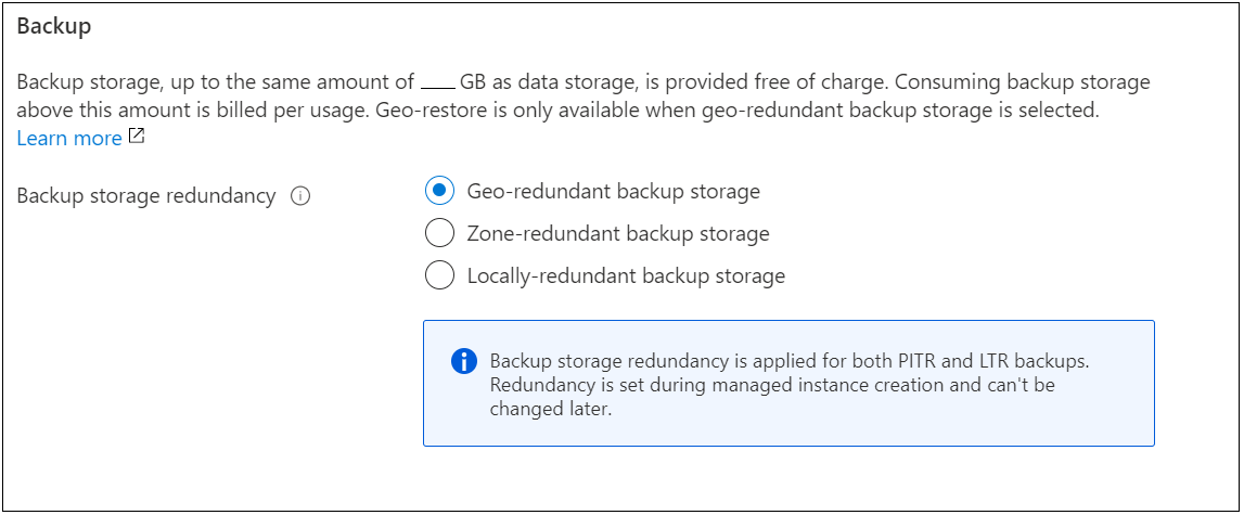 Azure portal でマネージド インスタンスについてバックアップ ストレージの冗長性を選択しているスクリーンショット。