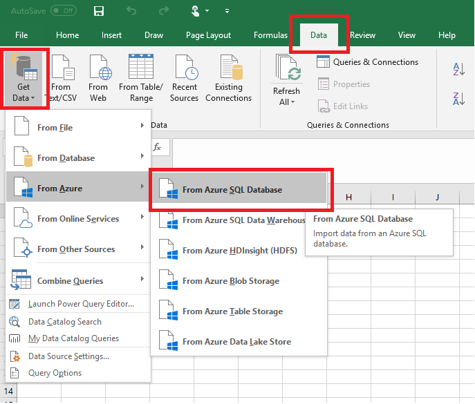 データ ソースを選択する画面のスクリーンショット: Excel を SQL Database に接続します。