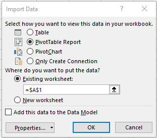 データをインポートするピボットテーブル レポートの選択に関する Microsoft Excel のスクリーンショット。