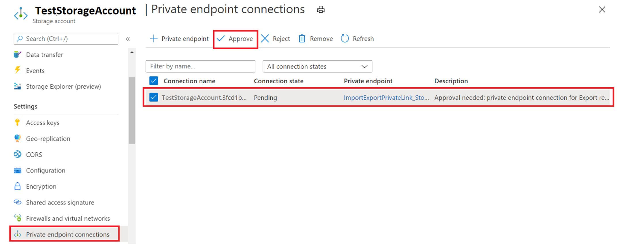 Screenshot from the Azure portal that shows how to approve Azure Storage Private Link in Azure Storage.