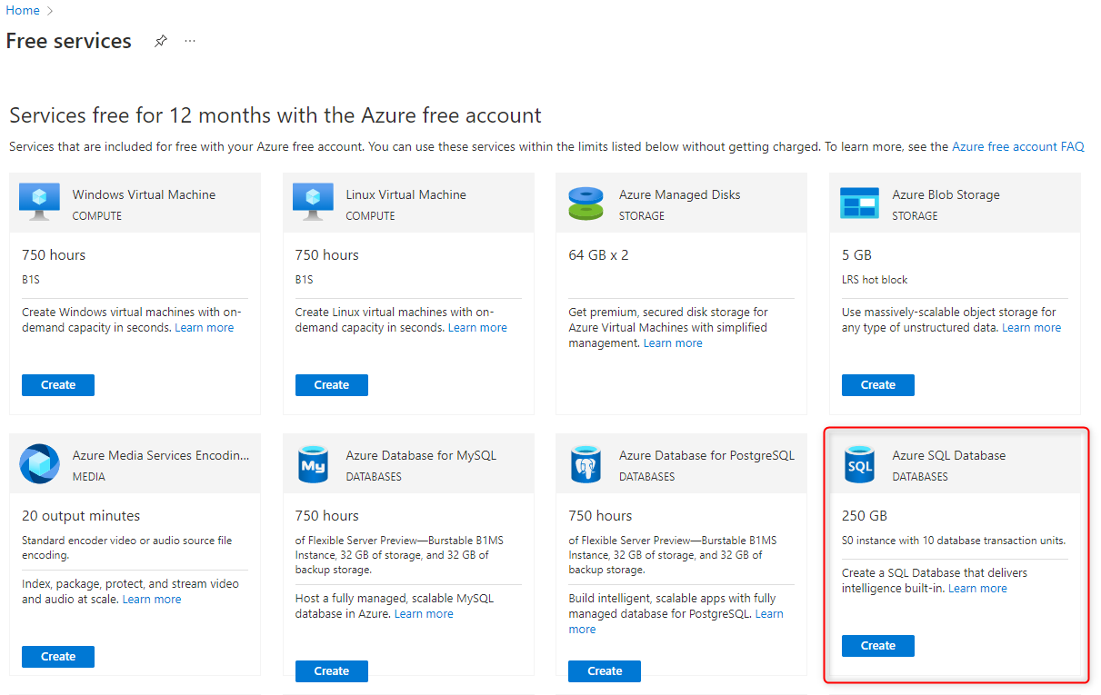 Azure portal にある無料の全サービスを一覧表示する画面のスクリーンショット。