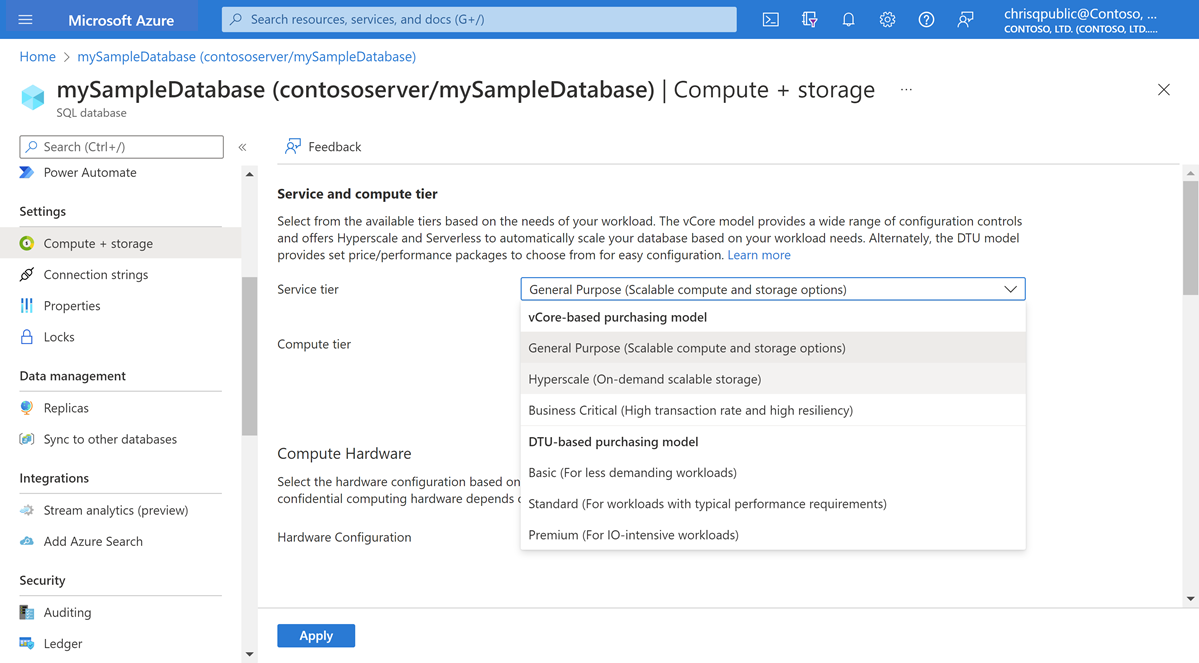 Screenshot of the compute + storage panel of a database in Azure SQL Database. The service tier dropdown is expanded, displaying the option for the Hyperscale service tier.