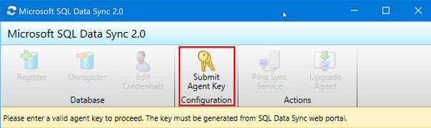 A screenshot from the Microsoft SQL Data Sync 2.0 client agent app. The Submit Agent Key button is highlighted.