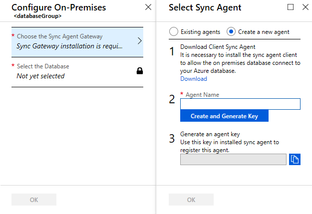 A screenshot from the Azure portal, in the Configure On-Premises steps. When the Choose the Sync Agent Gateway option is selected, the Select Sync Agent page is shown.