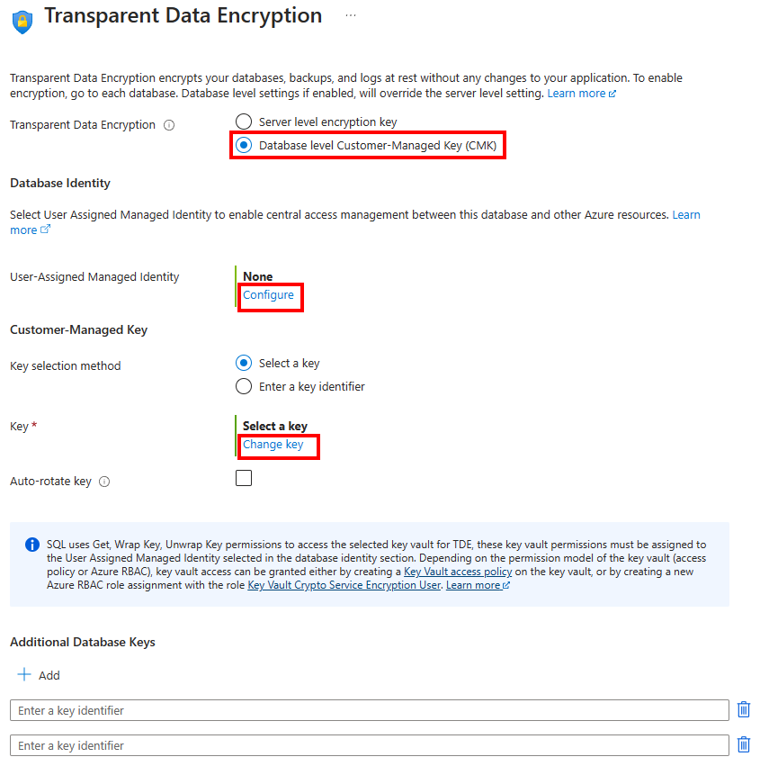 Azure portal の [Transparent Data Encryption] メニューのスクリーンショット。