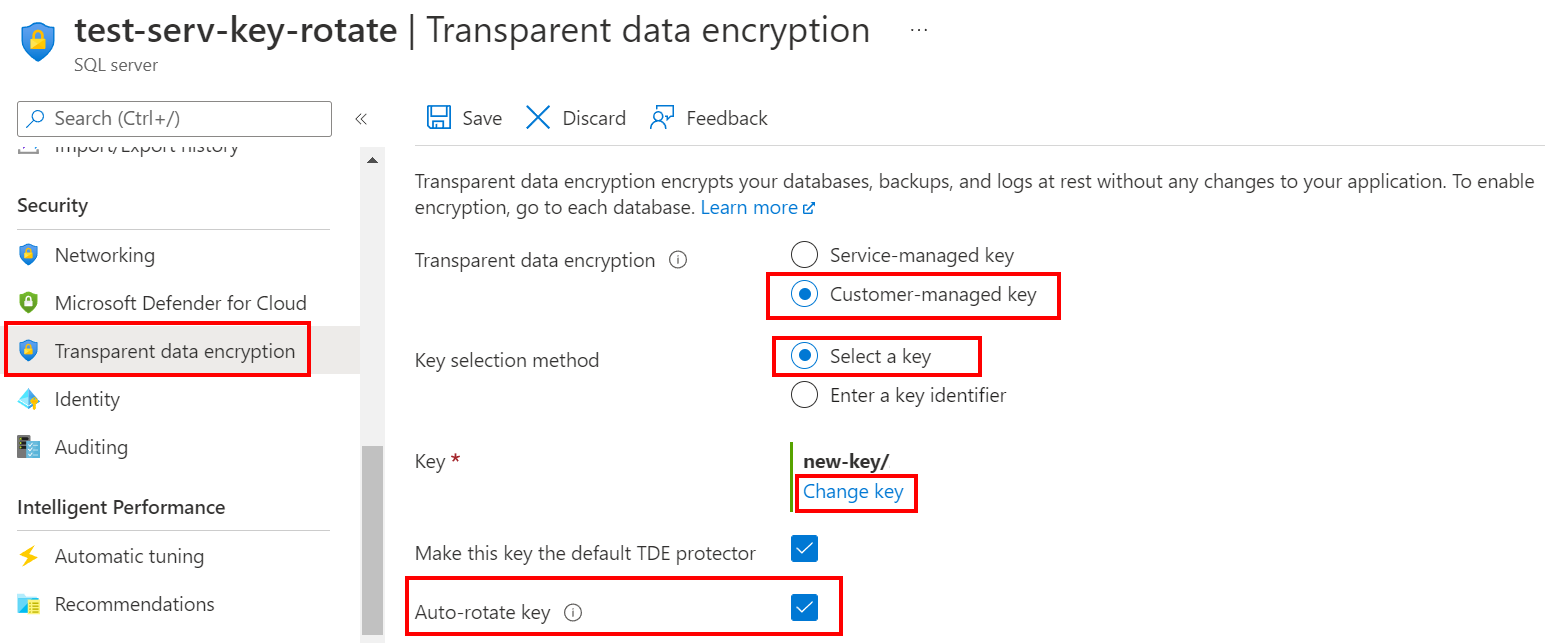 Screenshot of auto rotate key configuration for Transparent data encryption.